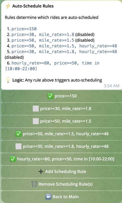 Auto-Schedule Rules main menu Auto-Schedule Rules main menu showing current rules and action buttons