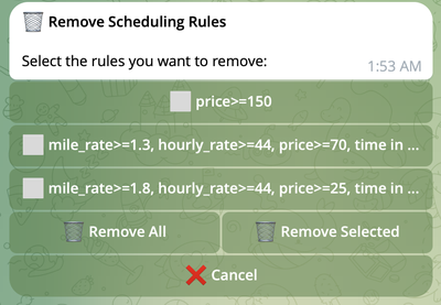 Remove Rules screen with selection checkboxes