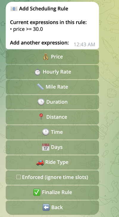 Rule preview showing added criteria with options to add more or finalize