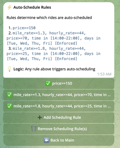 Auto-Schedule Rules main menu showing list of rules