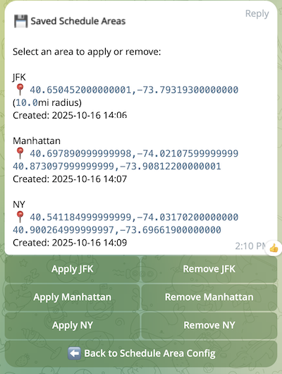 Saved Areas list showing area names, coordinates, and Apply/Remove buttons