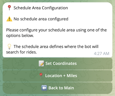 Main Schedule Area Configuration screen showing current area details and button options